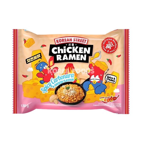 Korean Street Spicy Carbonara & Chicken Flavour Noodle packs 130g 1X24 ***NEW***