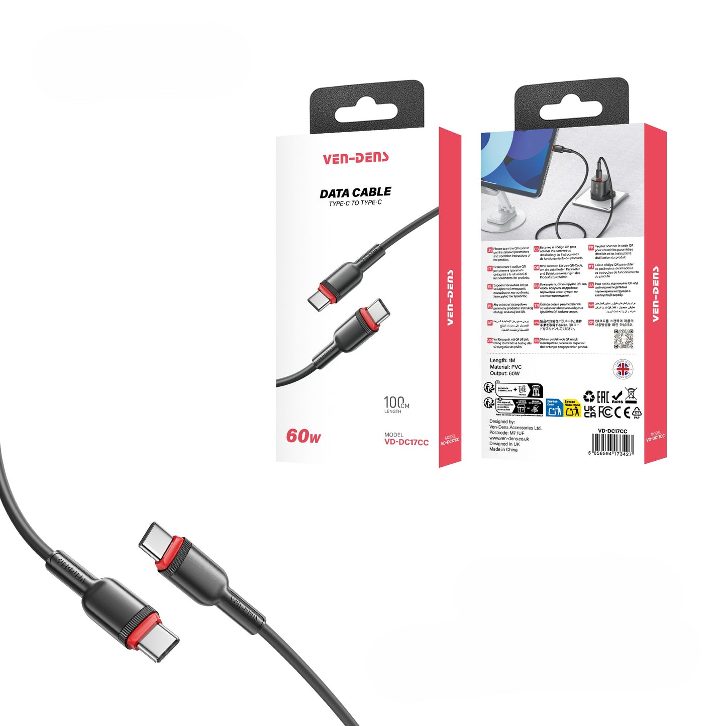 Ven-Dens Charging Data Cable Type-C 60W 1X20 ***NEW***