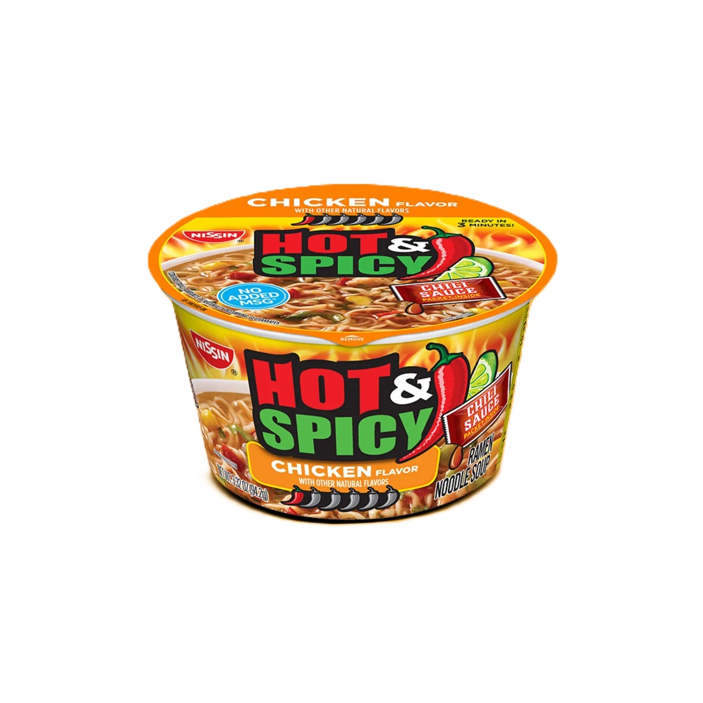 Nissin Hot & Spicy Chicken Flavour Noodles with Chilli Sauce in a Bowl 105g 1X18 ***NEW***
