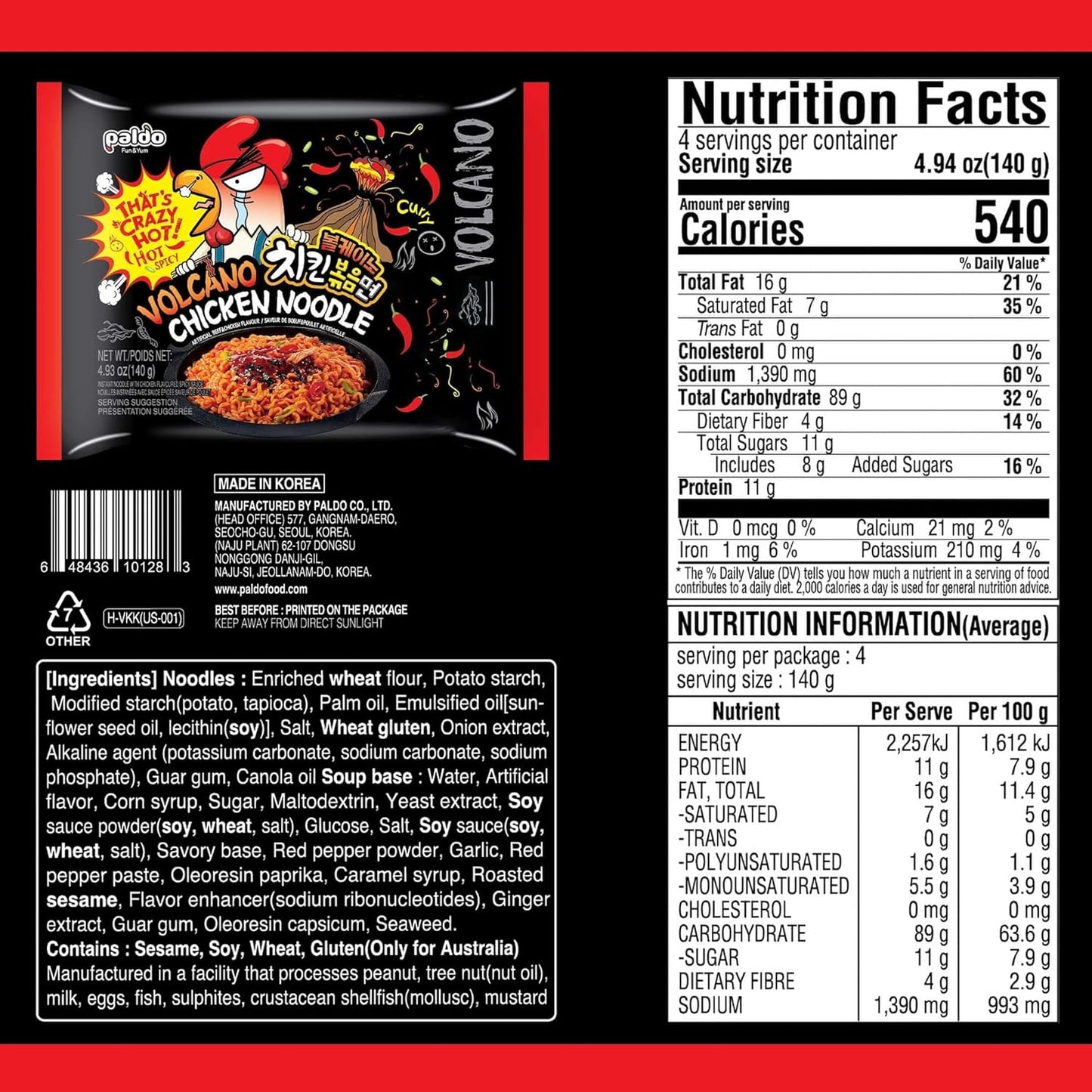 Paldo Original Volcano Chicken Noodles 140g 1X4 ***NEW***